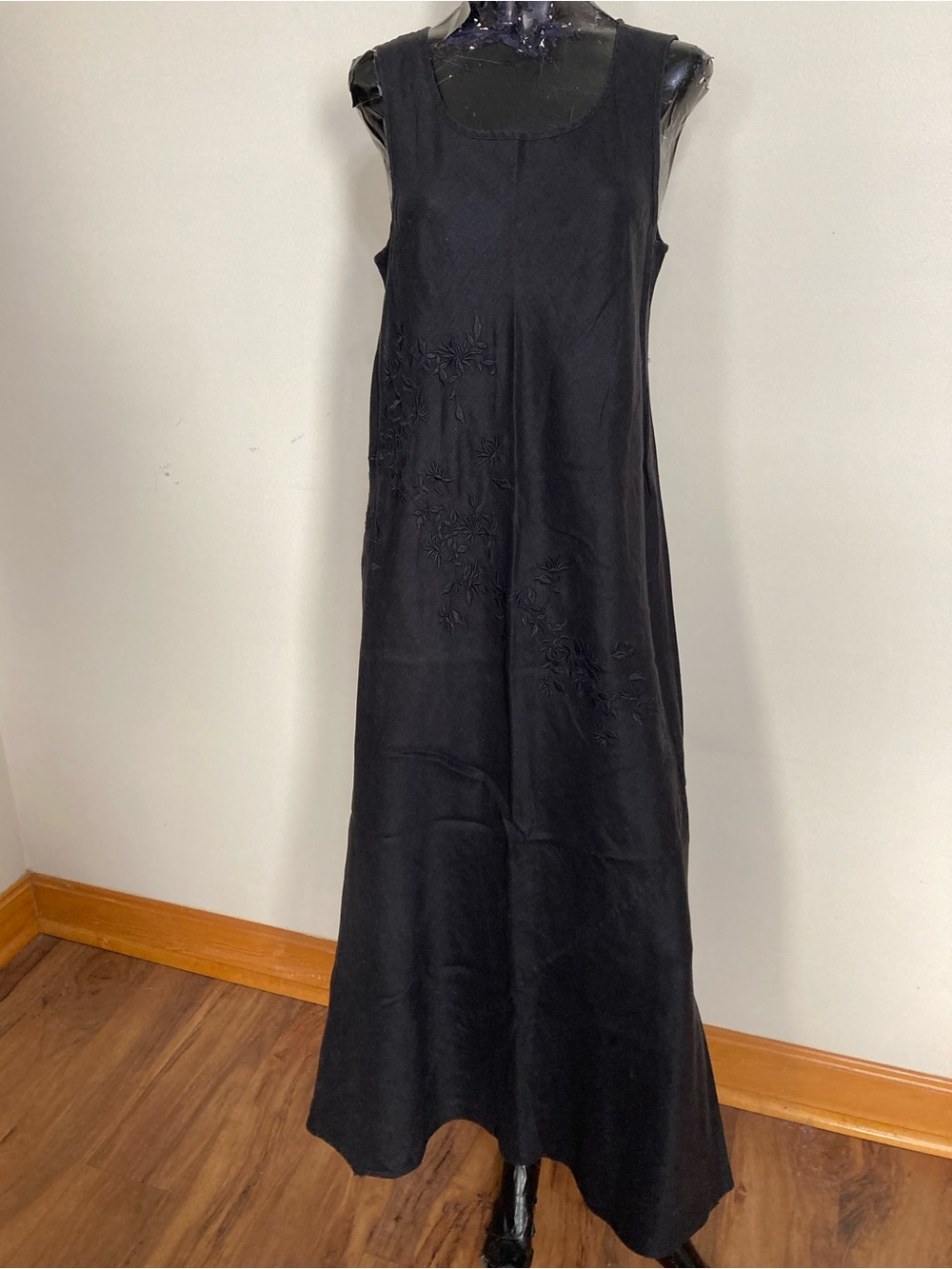 Sleeveless Black Maxi Dress with Subtle Floral Embroidery. Item # SSd11